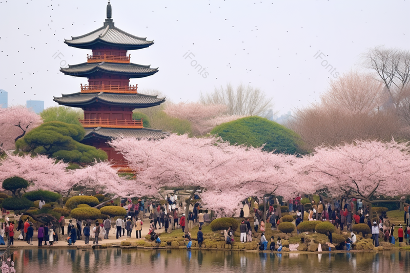 唯美风景春天武汉东湖樱花园楼亭建筑摄影图,高清,摄影图,摄影图片,图片大全,摄影图免费下载